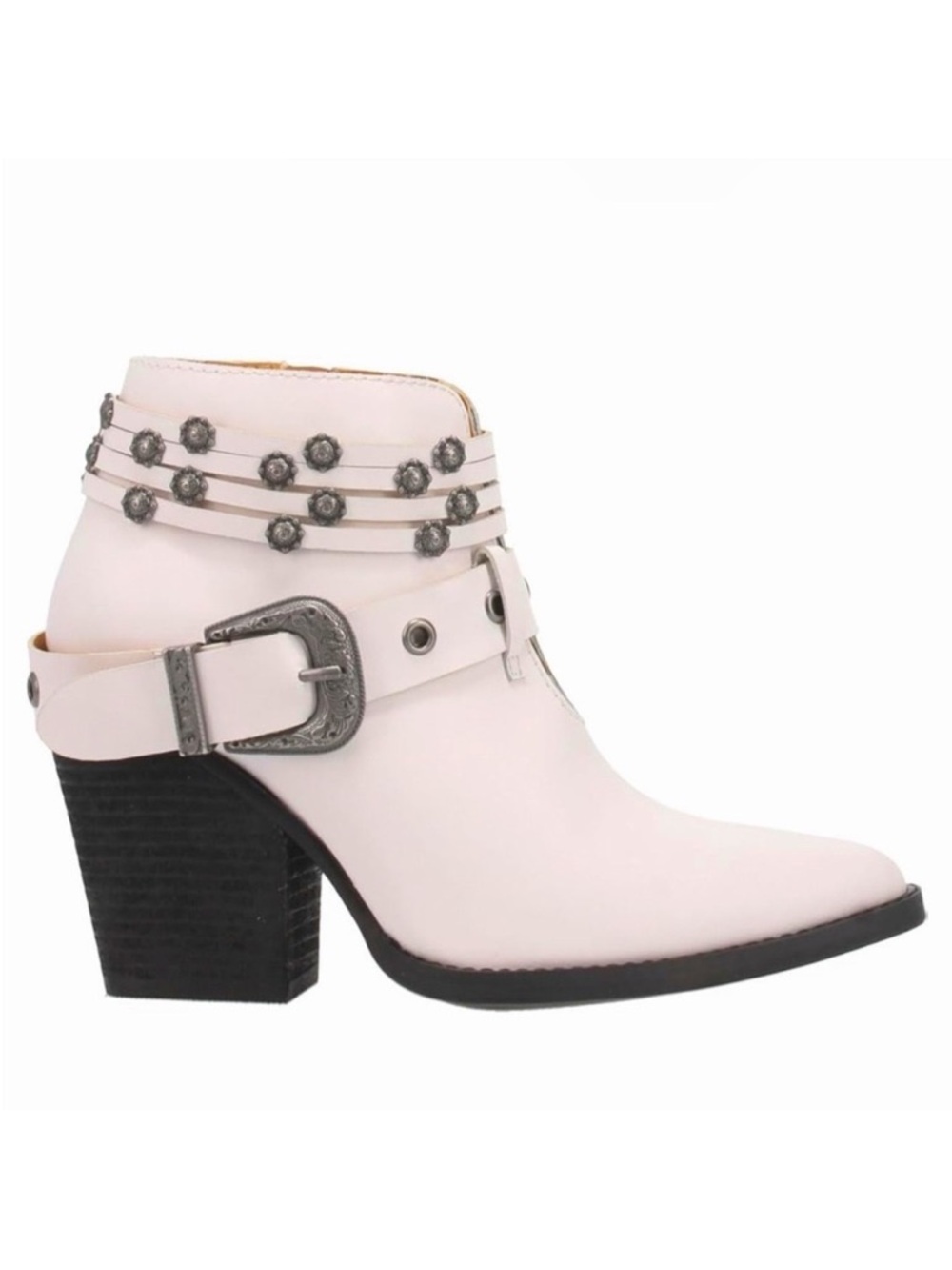 Dingo Born To Run White Leather Studded Buckle Ankle Heeled Cowgirl Boots DL242